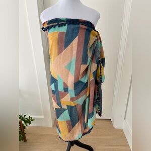 PRANA Stefany Sarong Pareo Oversized Scarf Beach Swimsuit Coverup Pom Pom Trim